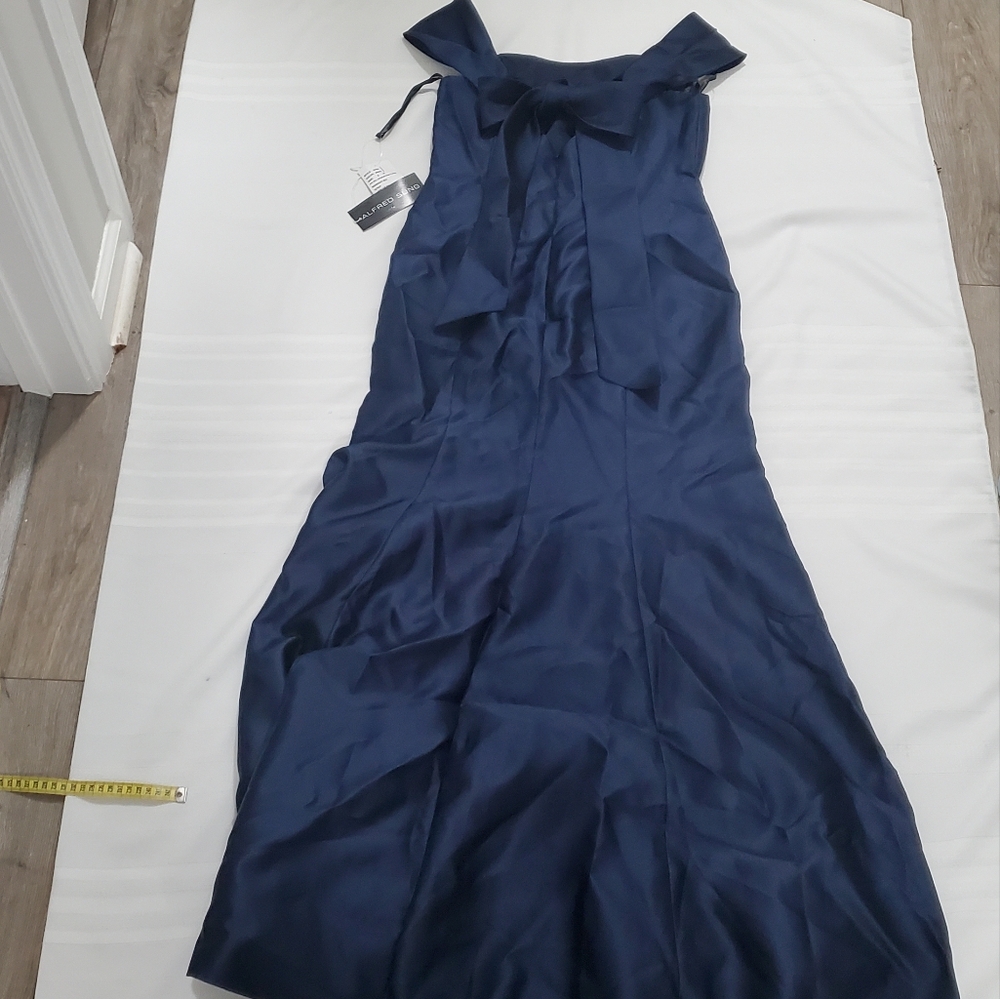 NWT ALFRED SUNG Off-The-Shoulder Bow Back Satin Trumpet Gown in Midnight Navy - Picture 8 of 12